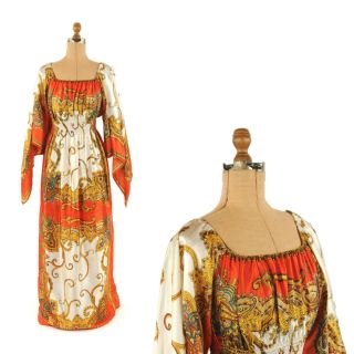 Vintage 70s Smocked Boho Angled Bell Sleeve Hippie Handkerchief Scarf Dress M