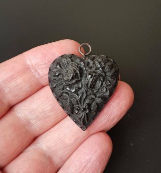 Antique Vulcanite Large Heart Shaped Fob Charm Pendant