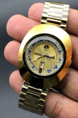 Vintage Rado Diastar Automatic Gold Swiss Mens Wrist Watch Blue & White Diamond