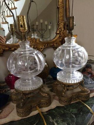 Antique Vintage Cut Glass Crystal Brass Two Table Lamps Pair Boudoir Dolphins
