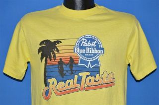 Vintage 80s Pabst Blue Ribbon Beer Real Taste Palm Tree Sunset Yellow T - Shirt M