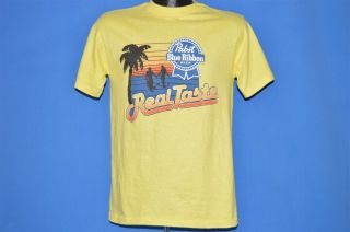 vintage 80s PABST BLUE RIBBON BEER REAL TASTE PALM TREE SUNSET YELLOW t - shirt M 2