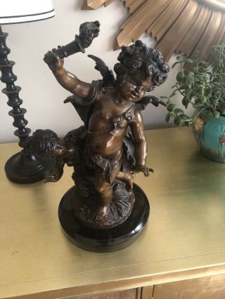 Vintage French Bronze Sculpture Figure Young Boy & Girl Signed August Moreau 12