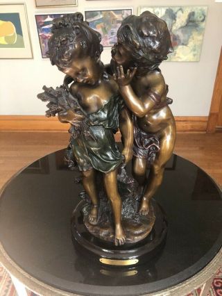 Vintage French Bronze Sculpture Figure Young Boy & Girl Signed August Moreau