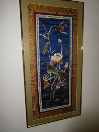Vintage Framed Asian Silk Art Koi Fish Birds Flowers Blue Unique