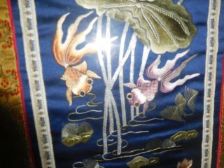 VINTAGE FRAMED ASIAN SILK ART KOI FISH BIRDS FLOWERS BLUE UNIQUE 3