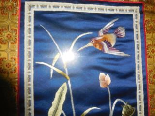 VINTAGE FRAMED ASIAN SILK ART KOI FISH BIRDS FLOWERS BLUE UNIQUE 4