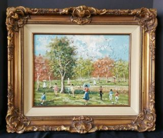 Vintage Oil Painting 12x16 Signed Children At The Park Gold Leaf Frame