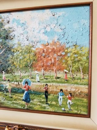Vintage Oil Painting 12x16 Signed Children At The Park Gold Leaf Frame 2