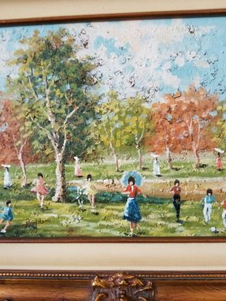 Vintage Oil Painting 12x16 Signed Children At The Park Gold Leaf Frame 3