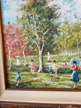 Vintage Oil Painting 12x16 Signed Children At The Park Gold Leaf Frame 4
