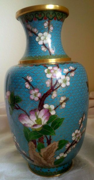 Vintage Chinese Jungtai Blue Cloisonne Enamel Floral Bird Copper Vase 10 "