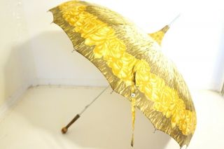 Vintage Post Made In Italy Umbrella Parasol 29 " Long Floral Pattern Brown Yellow