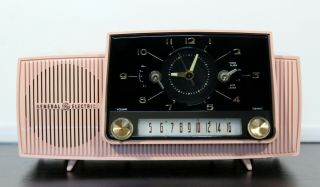 Mid Century Modern General Electric Pink Portable Clock Radio Vintage 1950s