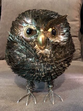 Vintage Brutalist Metal Owl Sculpture After Sergio Bustamante