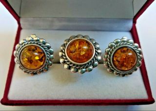 Fashion Vintage Set Ring Earrings Natural Amber Sterling Silver 925 Ussr Ukraine