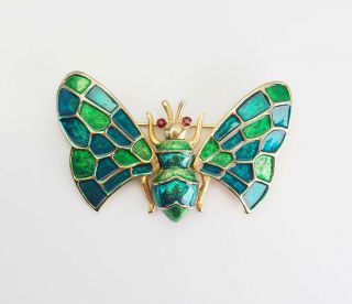 Vintage Gold Tone Metal Green Blue Enamel Insect Moth Butterfly Pin By Boucher
