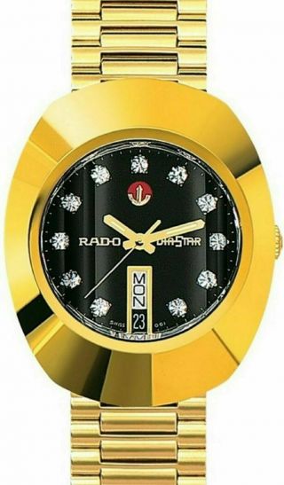 Vintage Rado Diastar 36mm Automatic Swiss Mens Wrist Watch Gold Black Dial Gift