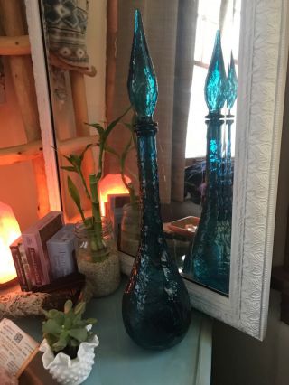 Vintage Florentine Blue Glass Decanter 22 " Tall Genie Bottle W Label