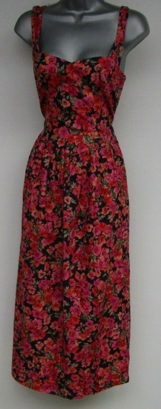 Vintage Laura Ashley Red Floral Rose Poppy Print Long Cotton Dress Size 12 14
