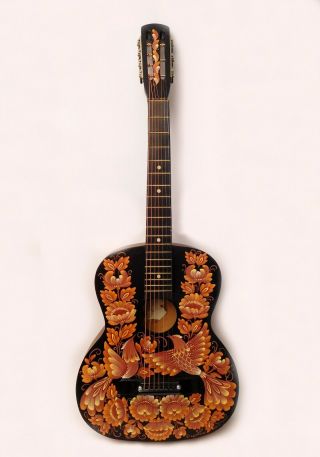 Vintage Russian Acoustic 7 String Guitar Hand Painted Signed Artist 1980s Ussr