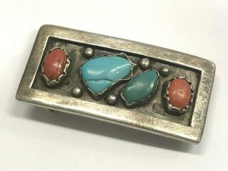 Vintage Navajo Indian Belt Buckle - Turquoise Coral Silver - Roy Vandever