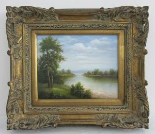 Vintage Unsigned Summer Lake Landscape Oil Painting In Ornate Gilt Frame 13x15