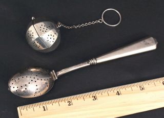 2 Antique American Sterling Silver Tea Strainer Infusers Spoon & Tea Ball Nr