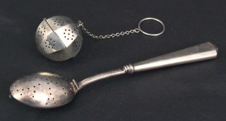 2 Antique American Sterling Silver Tea Strainer Infusers Spoon & Tea Ball NR 2