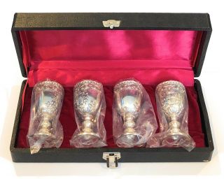Corbell & Co Vintage Set Of 4 Silver Plated Cordial Cupid Goblets 3 1/2 " W/ Case