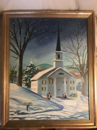 Vintage D Pastorelli " Winter Church Landscape Scene " Oil Painting - Signed/framed