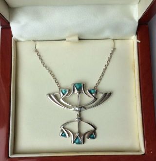 Quality Art Nouveau 925 Sterl Silver Turquoise Enamel Floating Pendant Necklace