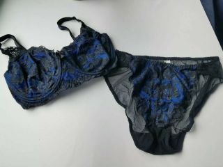 36dd L 90s Vintage Victoria Secret Bra High Waist Panty Set Lace Mesh Black Blue