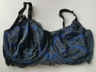 36DD L 90s Vintage Victoria Secret Bra High Waist Panty Set Lace Mesh Black Blue 7