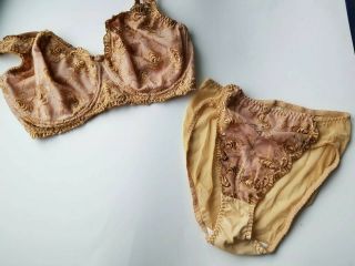 36dd L 90s Vintage Victoria Secret Bra High Waist Panty Set Lace Mesh Gold