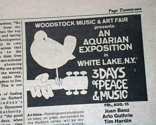 Very Rare Woodstock Music Festival Ad Aug.  1969 Village Voice Newspaper