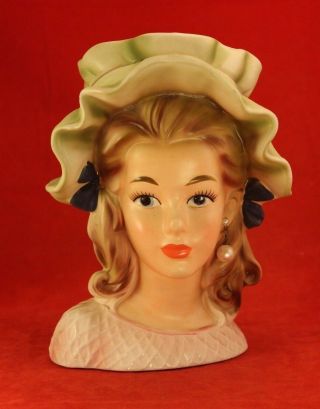 Vintage Enesco Lady Head Vase " Smart Teen " W Hat And Bows In Hair 7½ "
