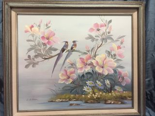 Vintage Oil Painting Artist Signed Birds Floral Asian Ck Chan