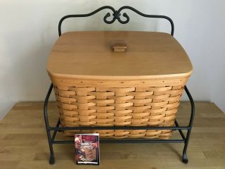 Vintage Longaberger Newspaper Basket,  Lid,  Protector With Divider And Stand