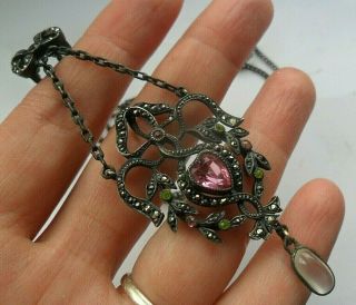 Antique Old Paste Jewellery Marcasite Silver Suffragette Heart Pendant Necklace