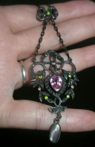 Antique old paste jewellery marcasite silver suffragette heart pendant necklace 2