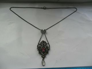 Antique old paste jewellery marcasite silver suffragette heart pendant necklace 4