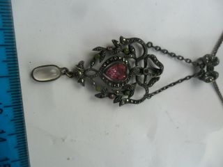 Antique old paste jewellery marcasite silver suffragette heart pendant necklace 7