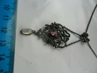 Antique old paste jewellery marcasite silver suffragette heart pendant necklace 8