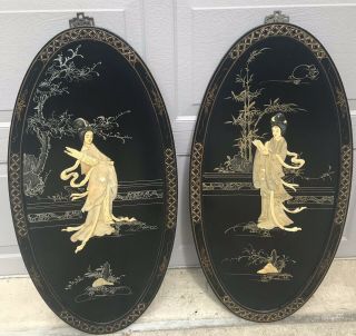 2 Chinese Asian Vintage Oval Black Laquer Mother Of Pearl Wall Panels 36x18