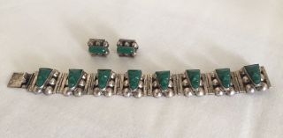 Vintage Taxco Bracelet And Screw Back Earrings Set 925 Silver Mexico Green Onyx
