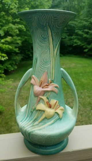 Vintage Roseville Art Pottery Zephyr Lily Green Handled Vase 140 - 12 12 "