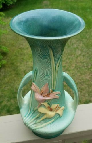 Vintage Roseville Art Pottery Zephyr Lily Green Handled Vase 140 - 12 12 