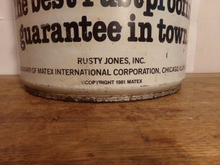 Vintage RUSTY JONES the best rustproofing in town EMPTY Drum,  with Top 3