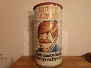 Vintage RUSTY JONES the best rustproofing in town EMPTY Drum,  with Top 5